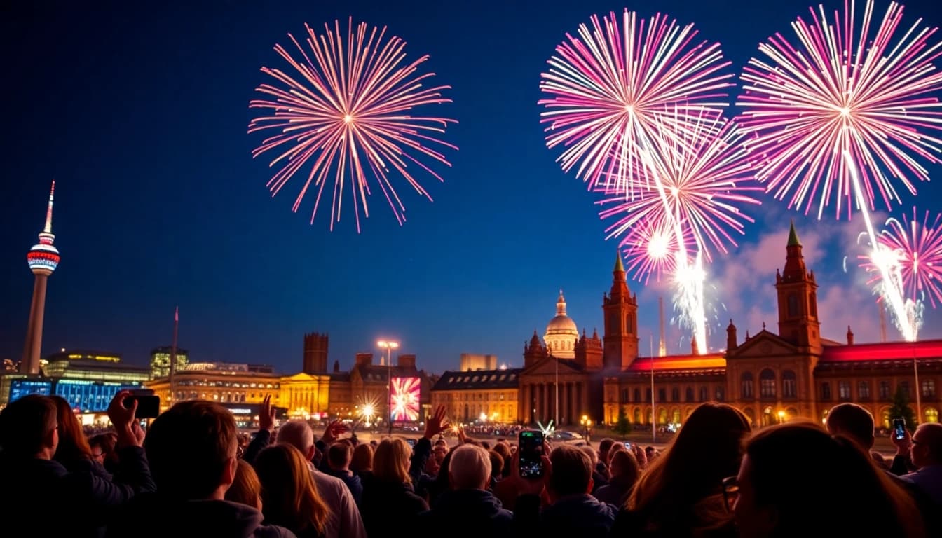 Experience enchanting manchester fireworks lighting up the night sky above the city skyline.