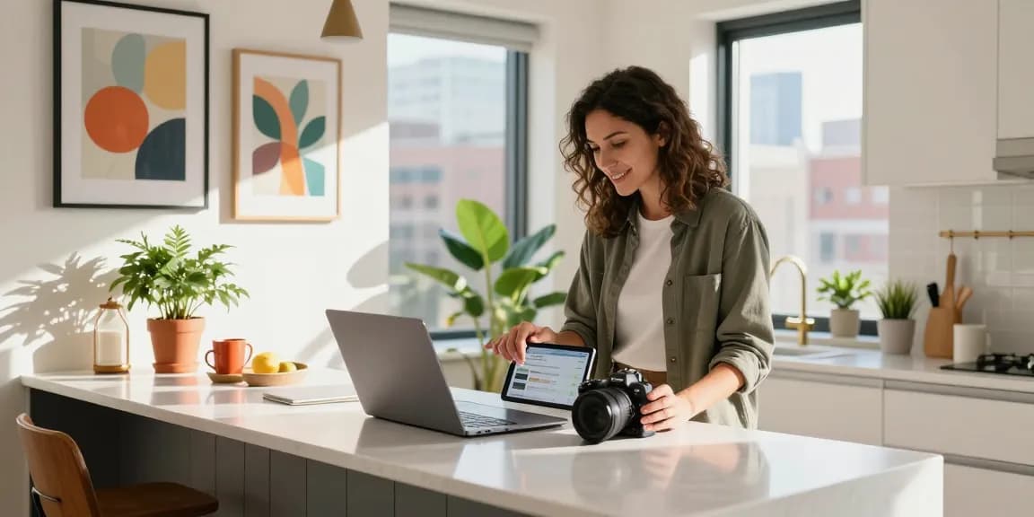 A professional host effectively managing an airbnb property management setup in a modern urban apartment.