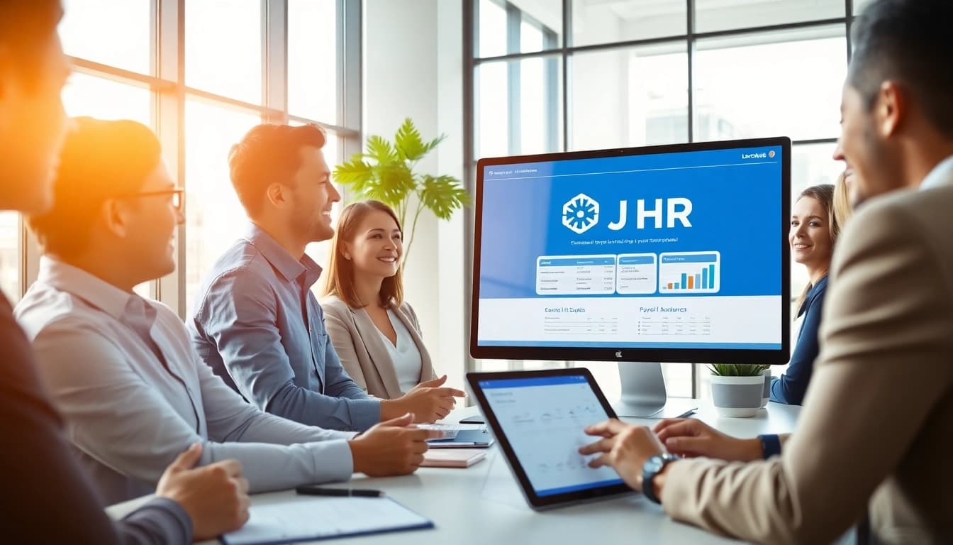 Logo j hr showcased on sleek monitors in a modern HR office setting