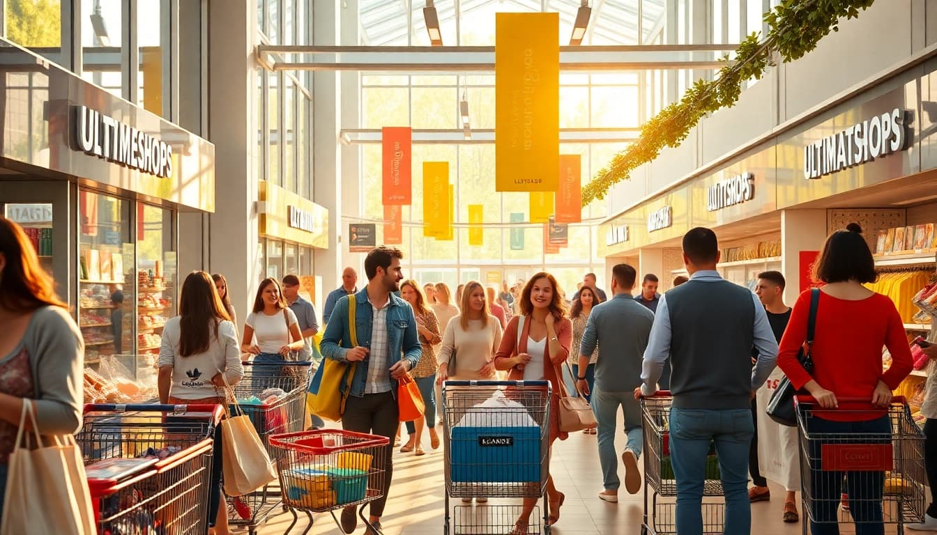 Shoppers actively engaging with products at Ultimateshops in a vibrant market setting.