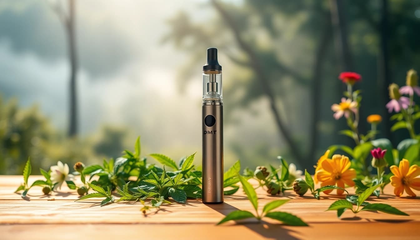 Buy dmt disposable vape pen on a wooden table surrounded by herbs.