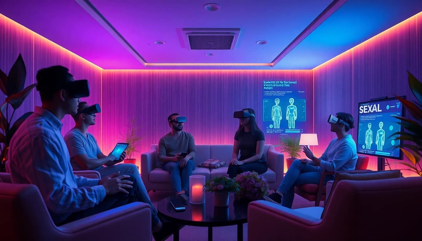 Intimate setting of diverse individuals exploring sex AI technology in a virtual reality lounge.