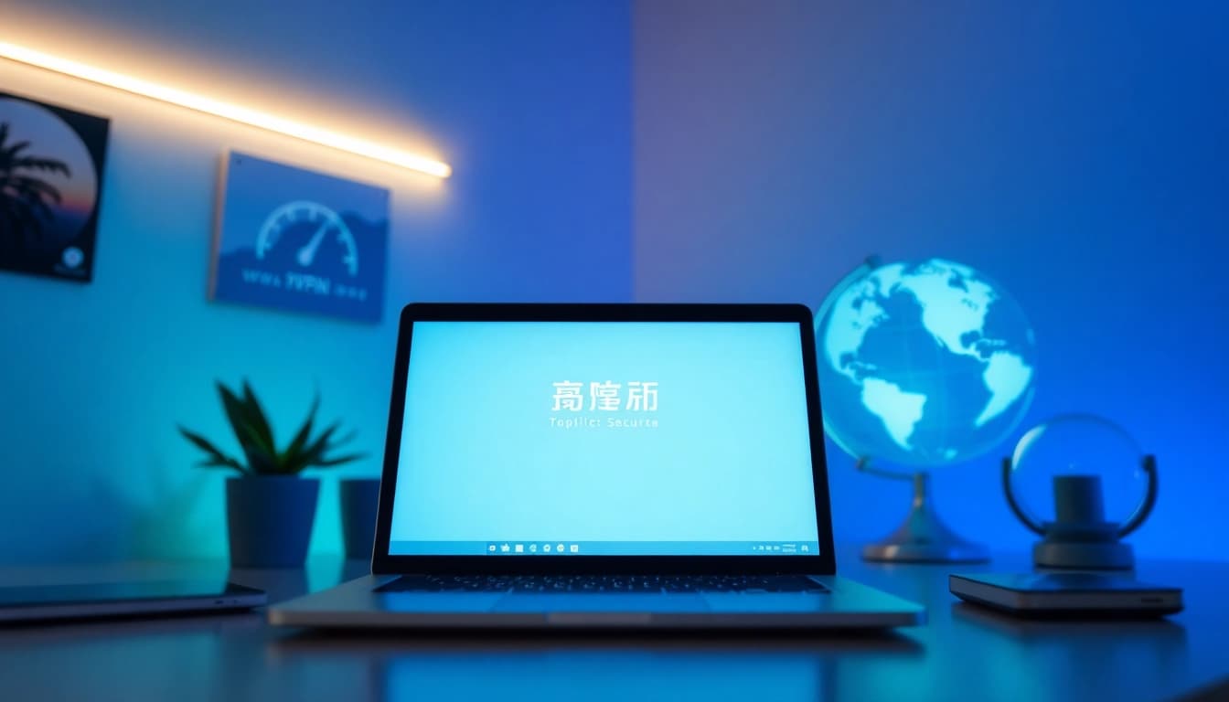 在现代工作空间的一台时尚笔记本电脑上显示的快连官网界面，强调连接性与速度。