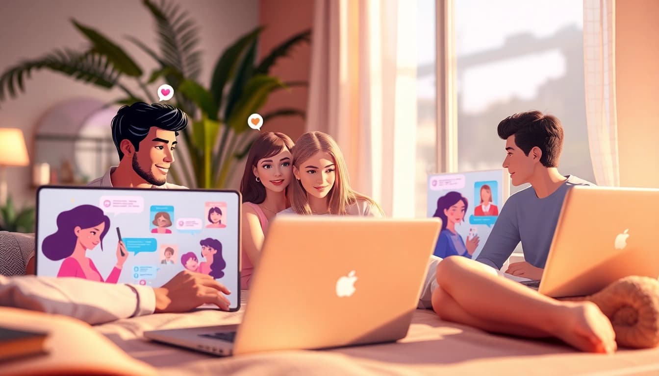 Vibrant online sexchat environment with diverse characters engaging in animated conversations.