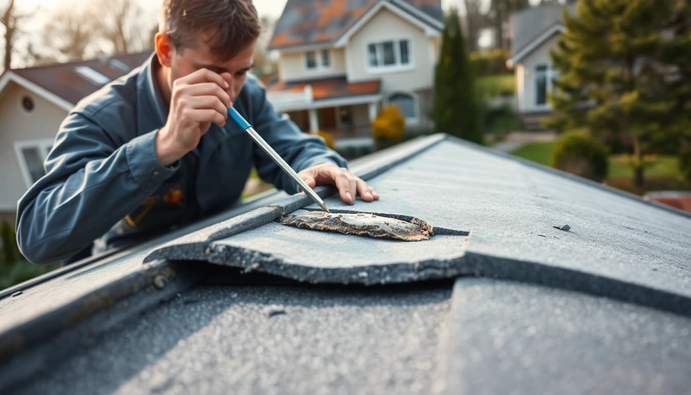 Detailed examination of spray foam roof damage, showcasing a technician assessing insulation quality.