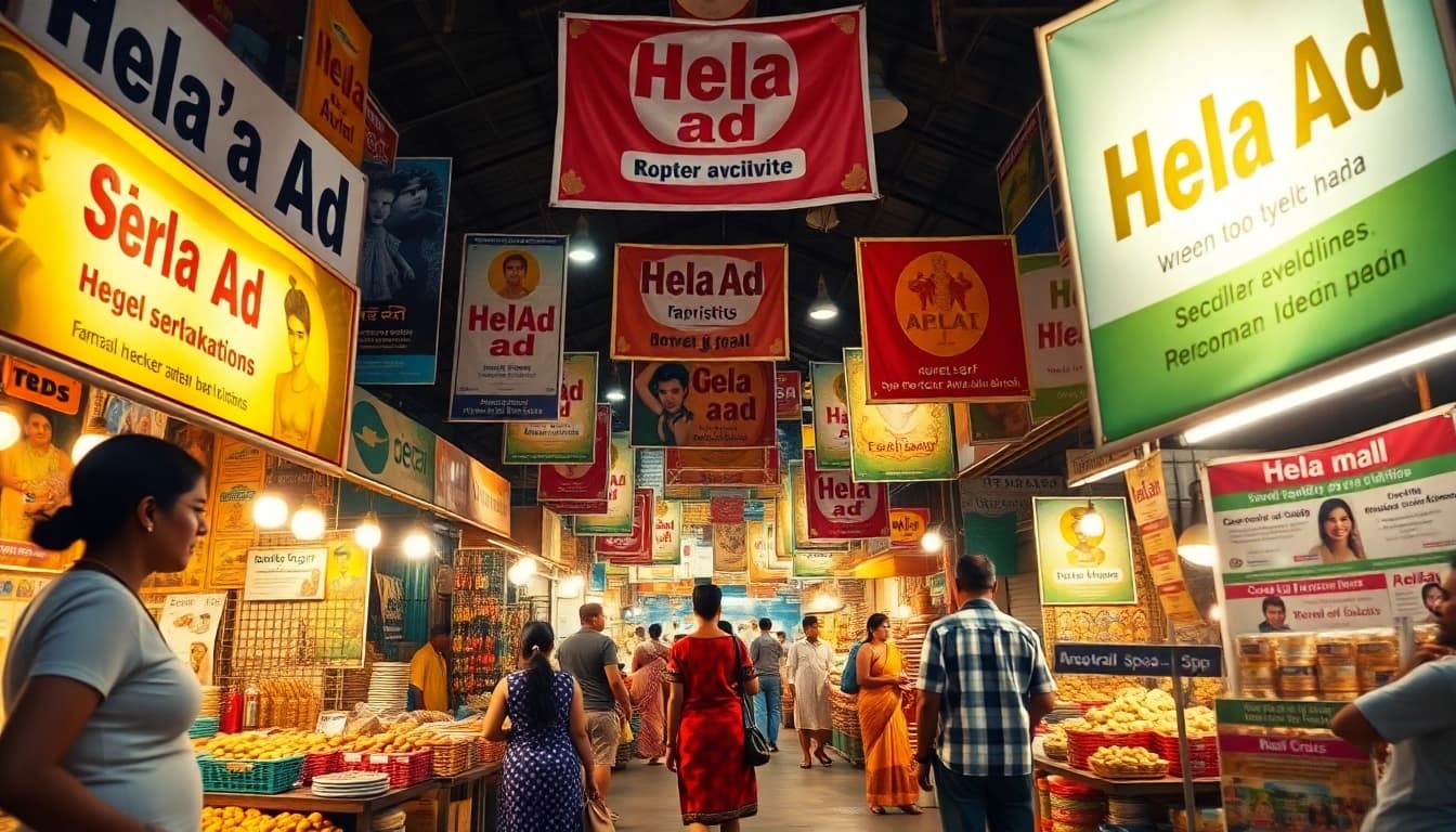 Dynamic Sri Lankan marketplace featuring Hela Ad personal and spa services with vibrant interactions.