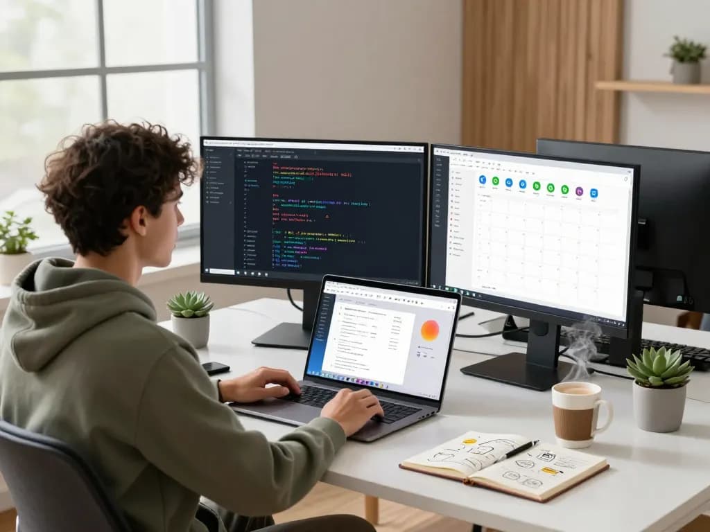 Engineer using Open Claw AI assistant in a modern office workspace with multiple screens and natural light.