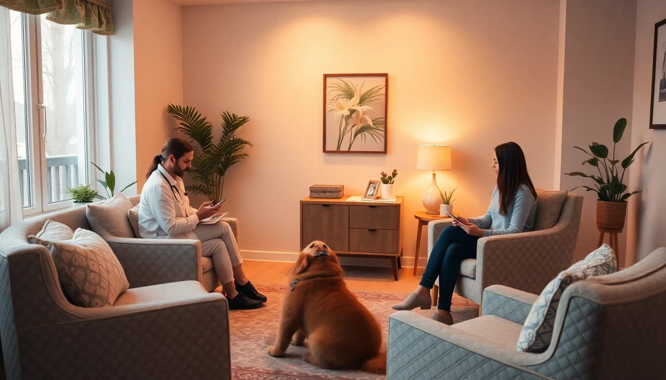 Depression treatment session in a cozy therapy room with a psychologist and therapy dog providing support.