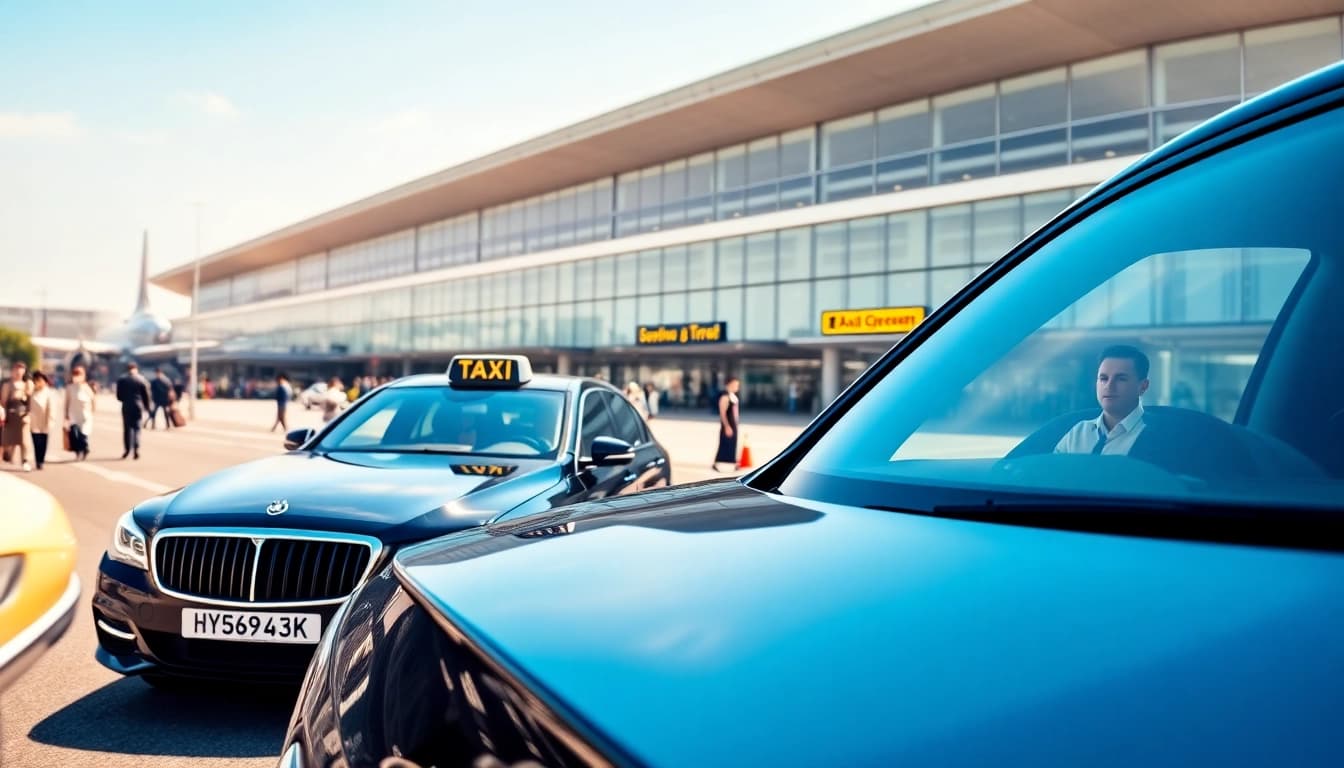 Taxi service at Heathrow Airport showcasing a sleek vehicle in a vibrant environment.