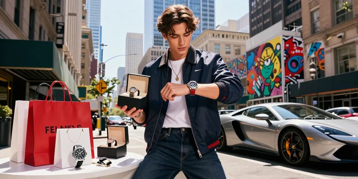 Fashionable individual showcasing premium clone watches in an urban setting, highlighting luxury style and lifestyle.