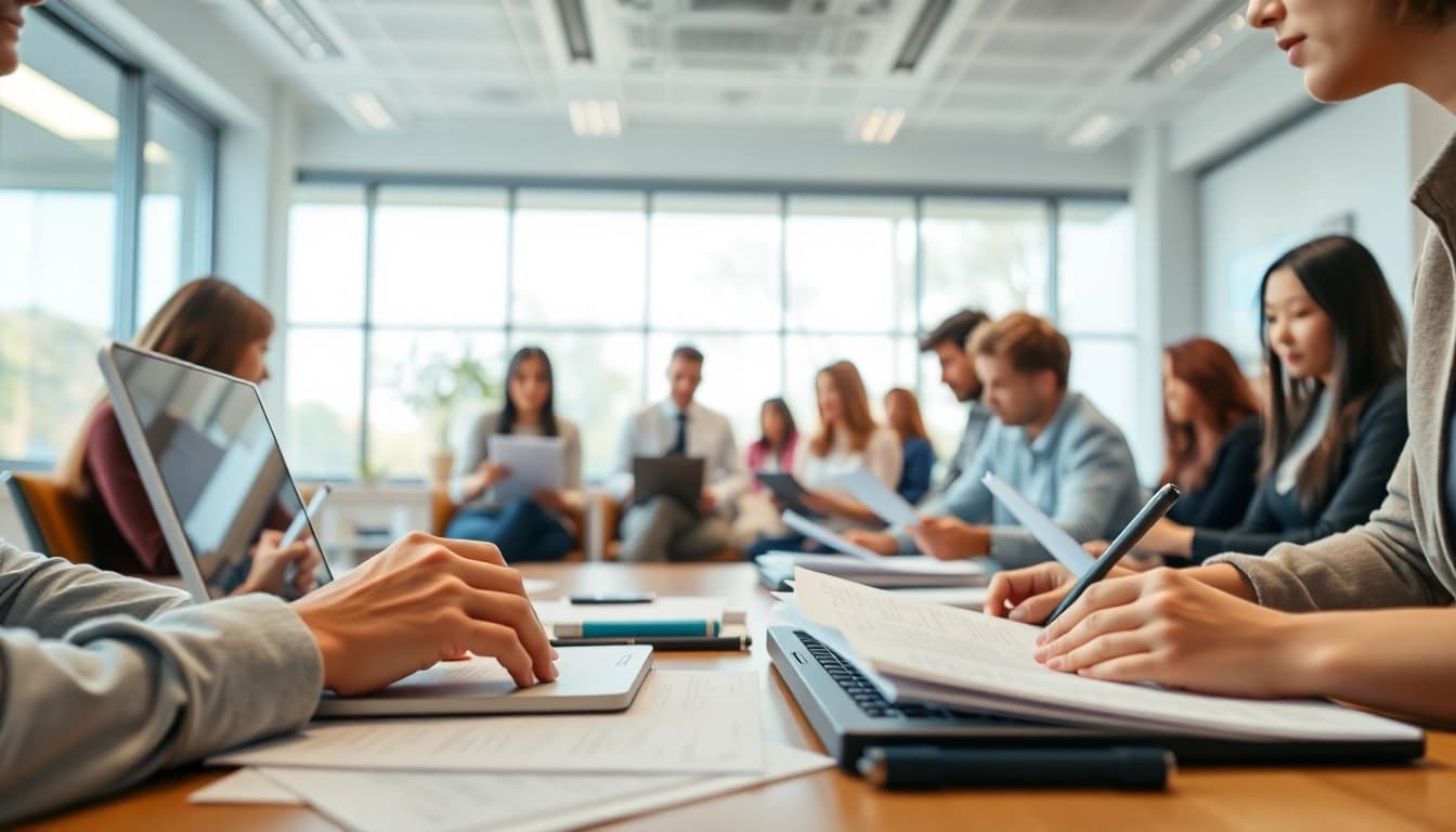 Applicants engaged in the eta application uk process within a bright office environment.