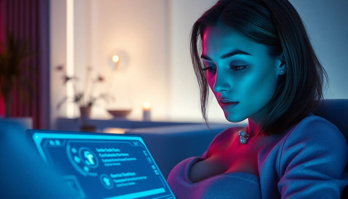 Engaging interaction with AI sex technology in a serene, ambient setting, showcasing emotional connection.