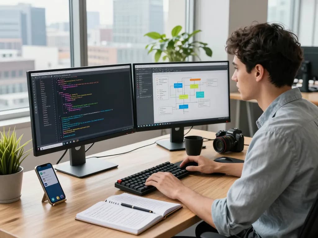 open claw AI software development workspace with dual monitors and coding environment