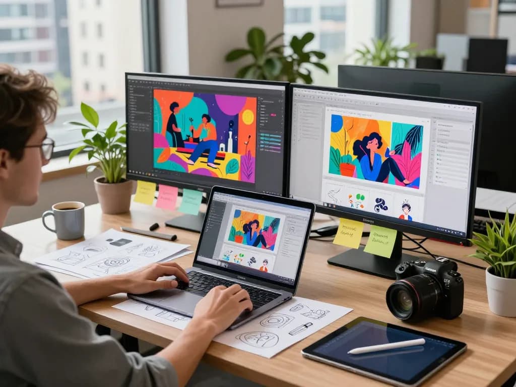 Creative workspace with designer using nano banana pro for vibrant AI image generation.