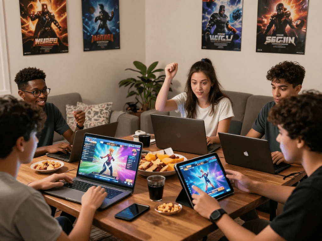 Engaged players enjoying diverse porn games on devices in a cozy setting, highlighting multiplayer fun.