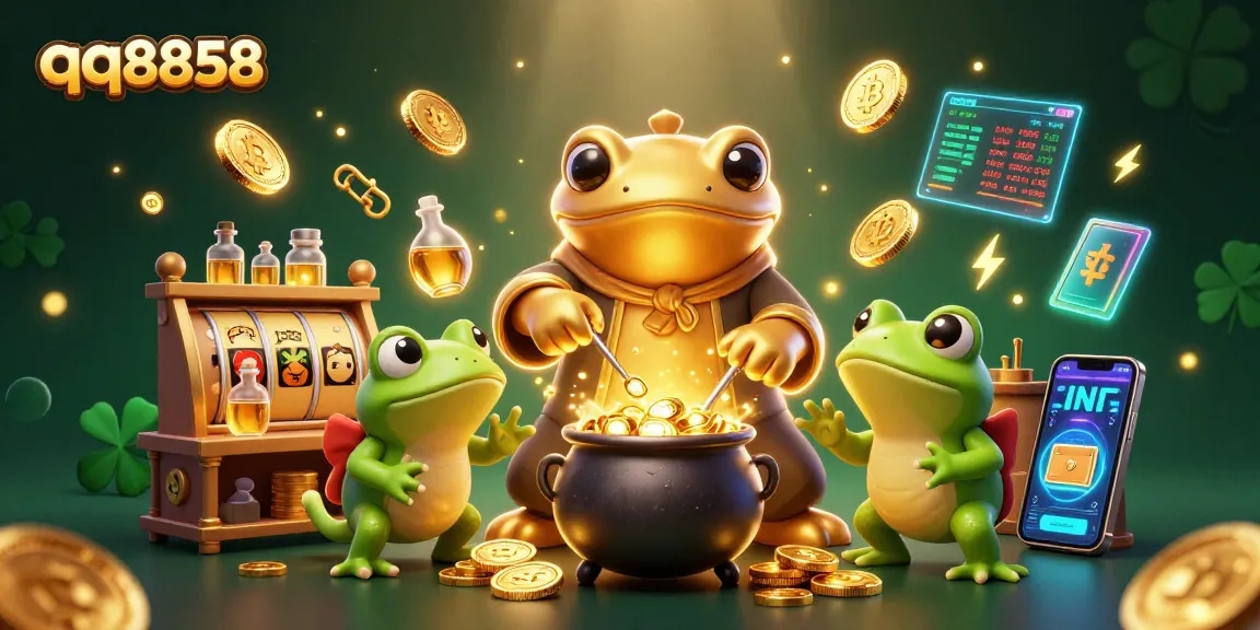 Experience exciting gameplay with qq8858's vibrant 3D casino scene filled with gold coins and slot reels.