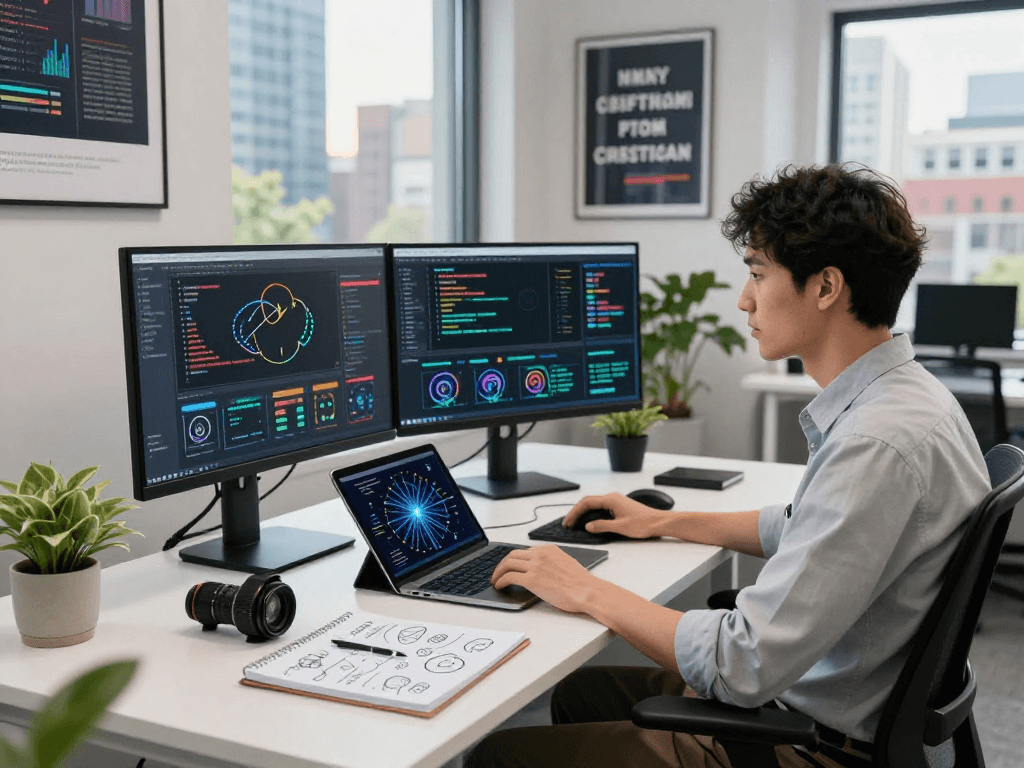 Data scientist analyzing juicy ai algorithms in a modern tech workspace surrounded by advanced tools.