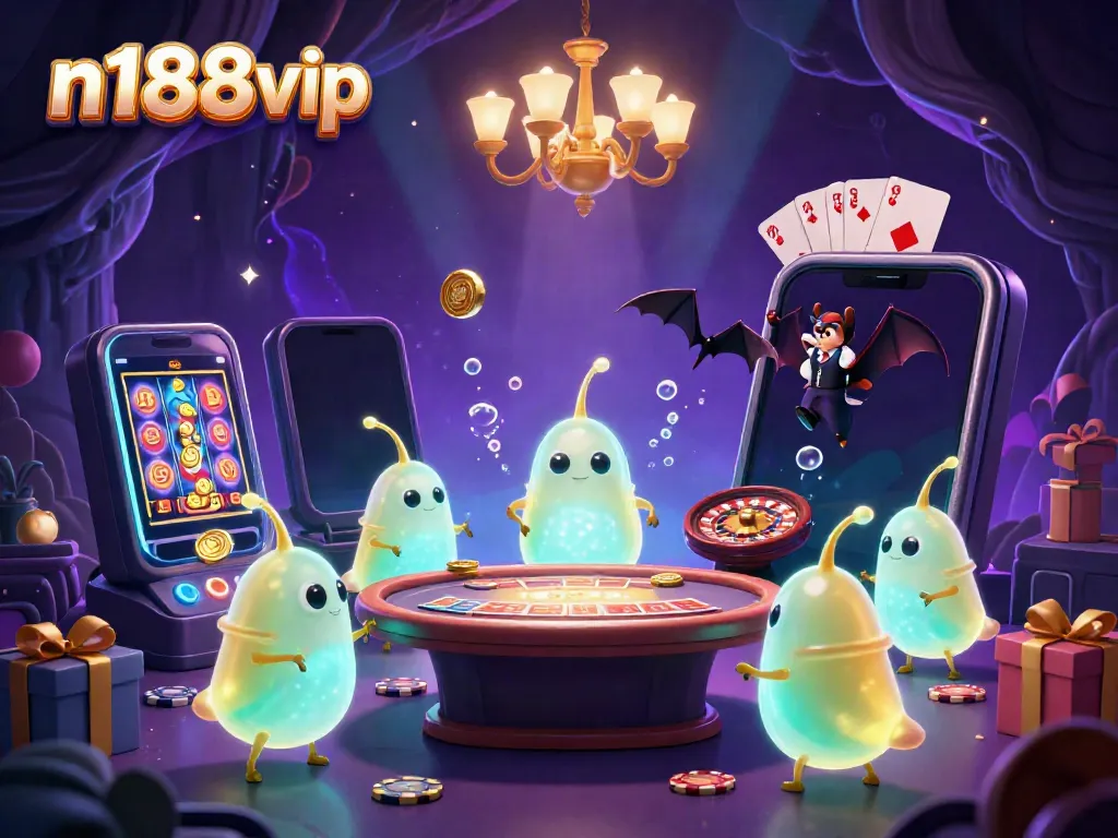 Experience the excitement of n188vip with glowworms lighting a vibrant cave casino scene.