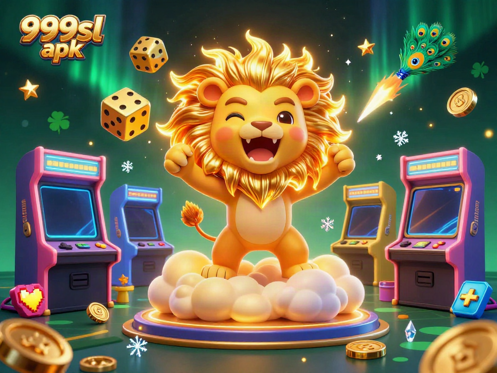 Experience the excitement of the 999sl apk with this vibrant scene of a sun lion and golden dice in a casino atmosphere.