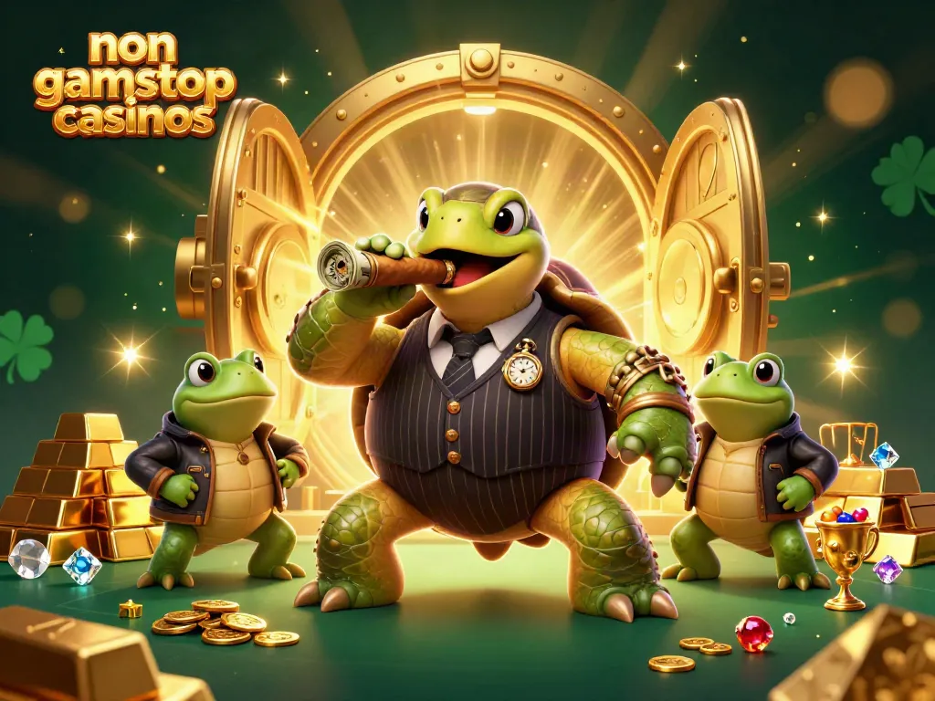 Experience the excitement of non gamstop casinos with a vibrant, animated illustration of casino characters and treasures.