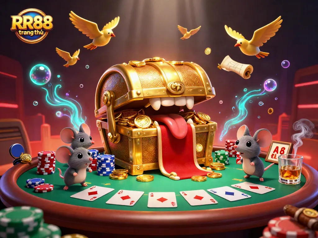 Engage with RR88 trang chủ for an exciting treasure hunt in this vibrant casino-themed illustration.