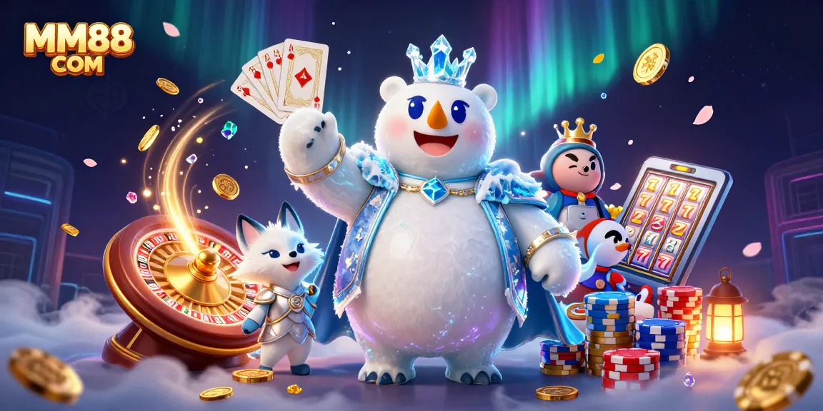 Win big at MM88 COM with lively 3D casino illustration showcasing exciting games and treasures!