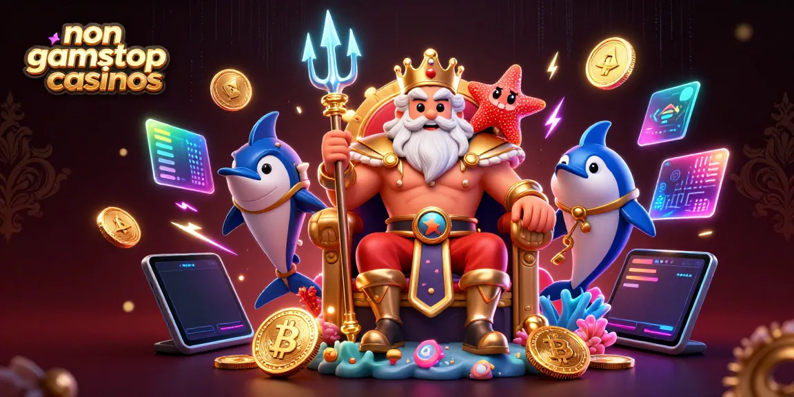 Engage with non gamstop casinos featuring Neptune, a swordfish, and crypto coins in a vibrant, dynamic scene.