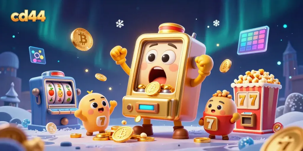 Spin the reels and win with cd44, featuring a golden slot machine hitting a jackpot surrounded by cheering baby slots.