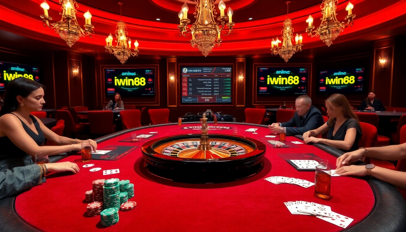 Exciting gameplay at an iwin68-themed casino table with poker chips and cards.