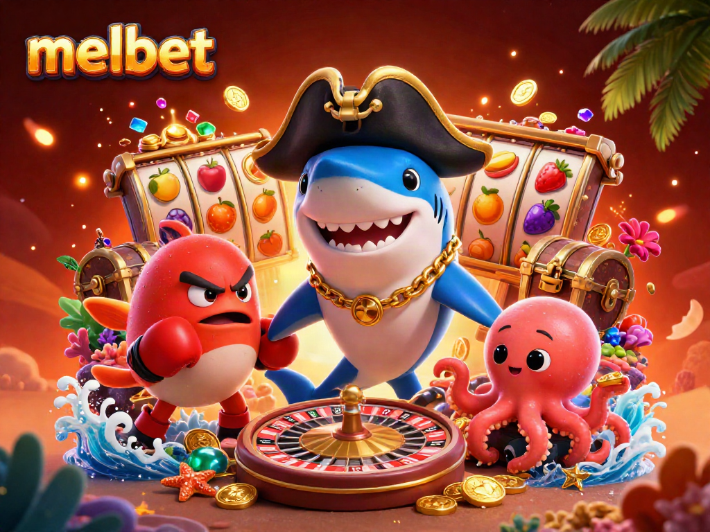Engage with melbet's dynamic gaming scene featuring a pirate shark, pufferfish, and octopus amid vibrant slots.