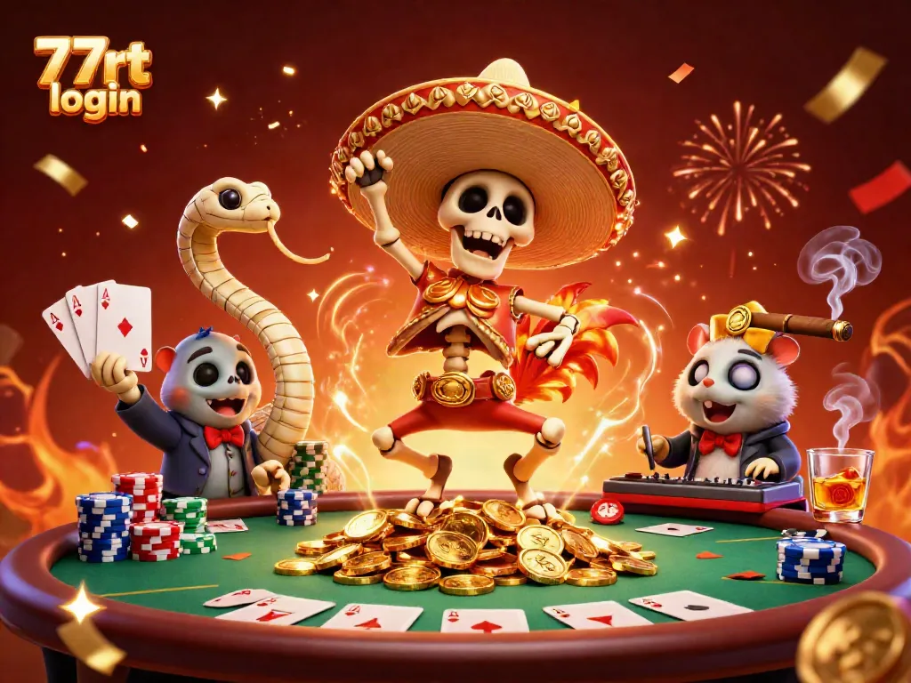 Celebrate wins in 77rt login with a lively scene of animated characters amidst poker excitement.