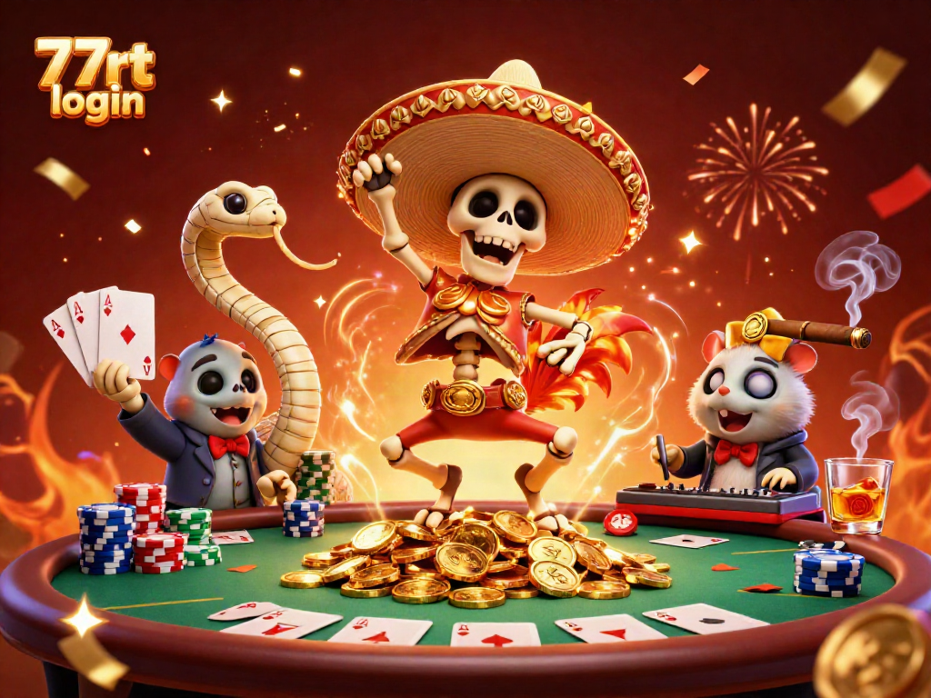 Celebrate wins in 77rt login with a lively scene of animated characters amidst poker excitement.