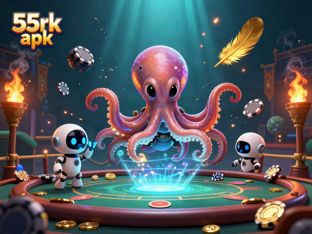 Experience excitement at the 55rk apk poker table with a vibrant alien octopus and glowing chips.