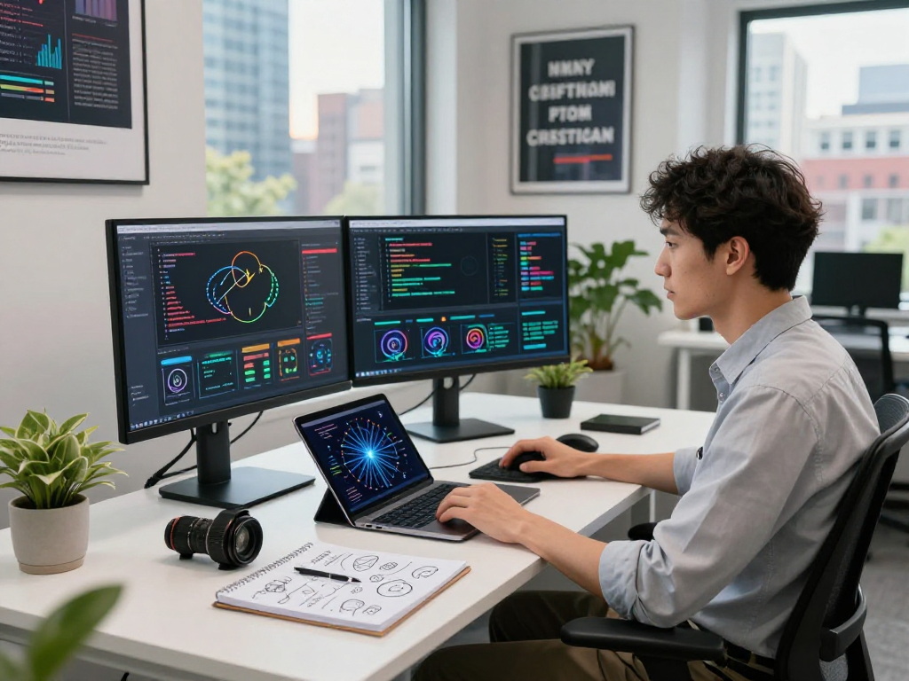 Data scientist analyzing juicy ai algorithms in a modern tech workspace surrounded by advanced tools.