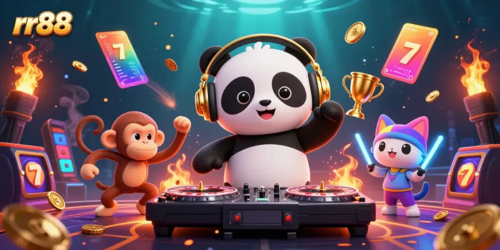 Engage with the exciting rr88 slots game in a vibrant 3D scene featuring a DJ panda, dancing monkey, and rave kitten.