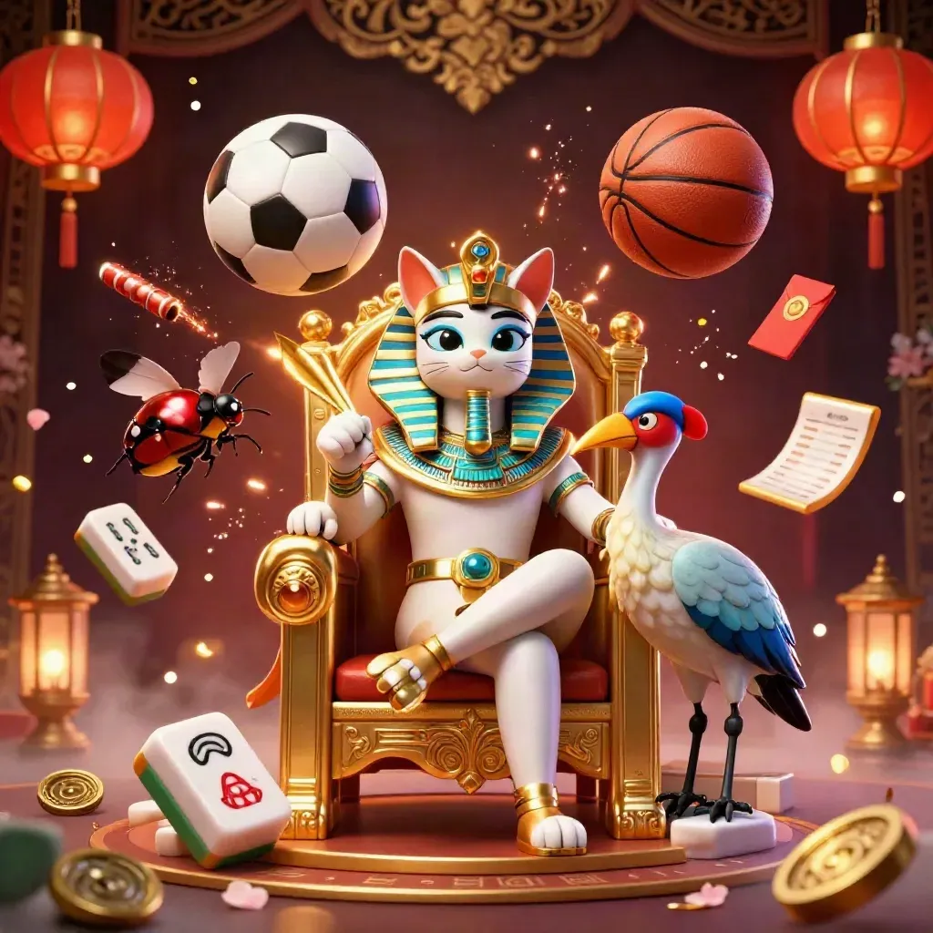 Pharaoh cat, ibis scribe and gem-winged scarabs amid sports balls, coins and lantern light.