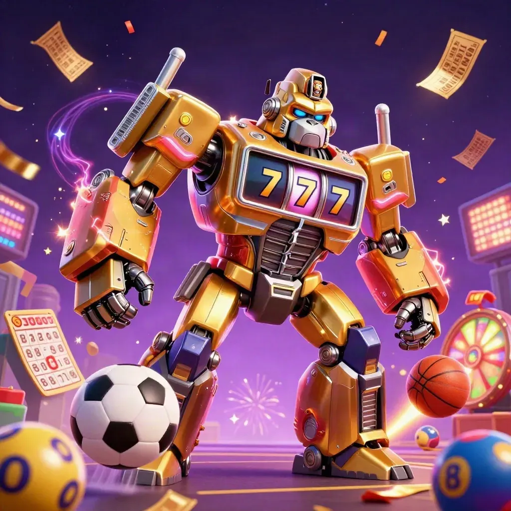 Golden gorilla slot mech and monkey pilot blast sports balls, tickets and sparks in neon casino space.