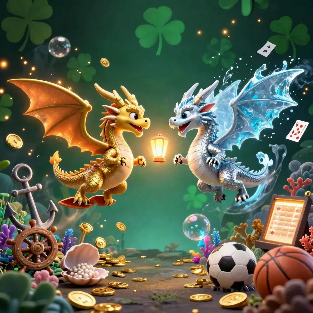 Twin gold and silver dragons burst in a casino fantasy scene with coins, cards, and glowing effects.