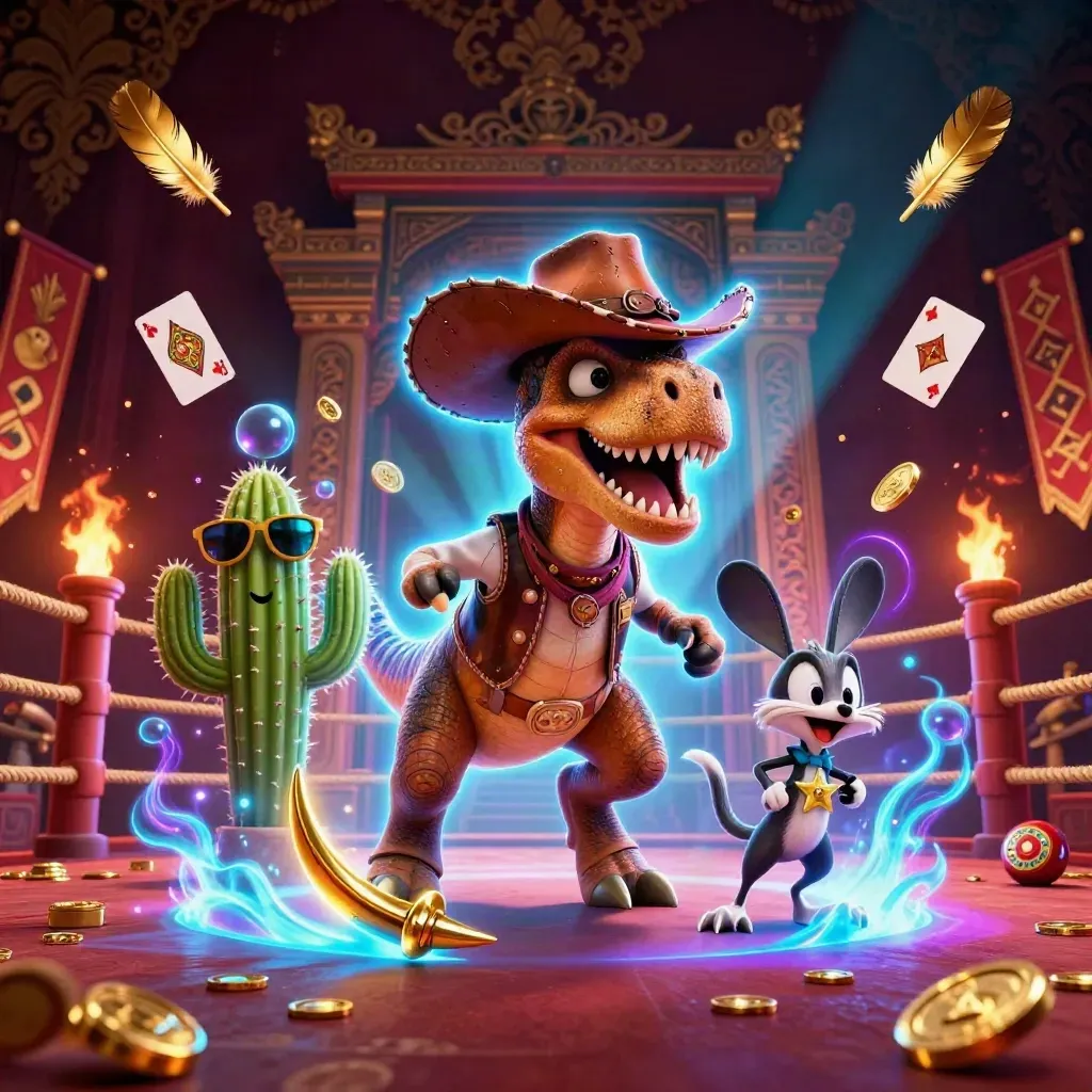 Cowboy T-Rex, cactus sidekick and roadrunner burst through a neon casino temple scene.