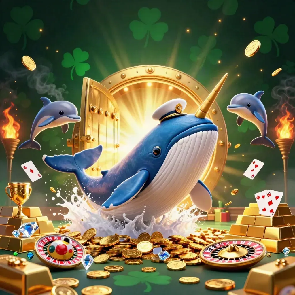 Whale captain, narwhal, and dolphins burst from coins beside a glowing treasure vault door.