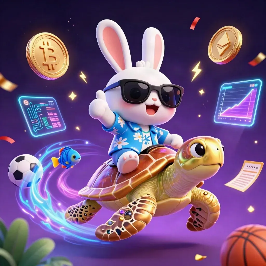 Lucky rabbit on golden sea turtle amid coins, sparks, and neon tech on a starry purple background.
