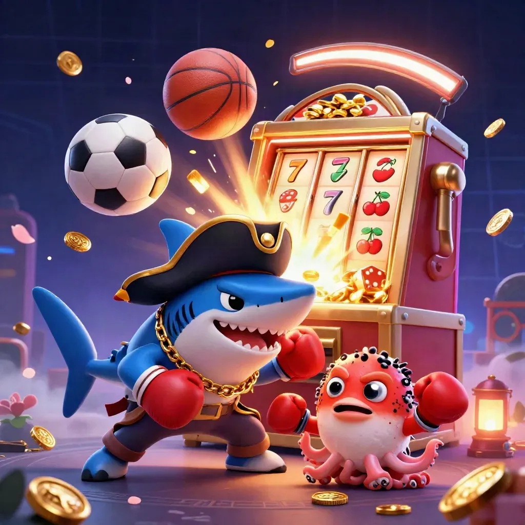 Pirate shark, boxing pufferfish and juggling octopus burst through casino sports symbols.
