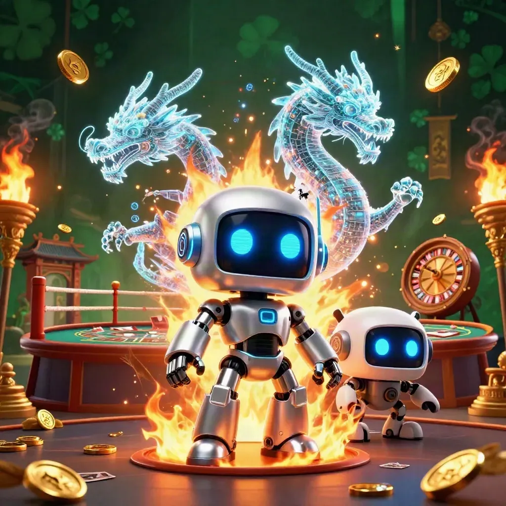 Cyberpunk robot, holographic dragon, and coin drone in a luxury casino scene.