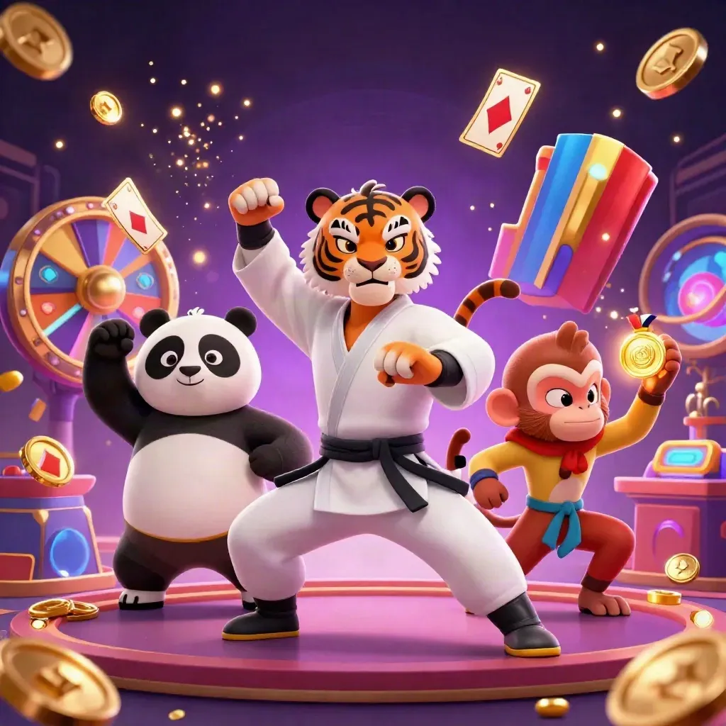 Tiger, panda, and monkey casino heroes amid coins, gems, roulette wheel, cards, and glowing lights.