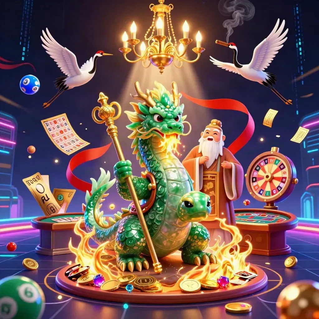 Emerald dragon, turtle sage and cranes amid neon casino props, lottery balls, roulette wheel, gold fire.