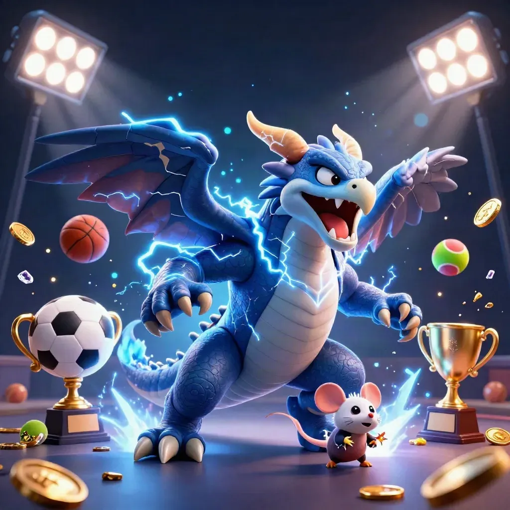 Thunder dragon, wind hawk and static mouse amid sports balls, coins, trophy and blue lightning.