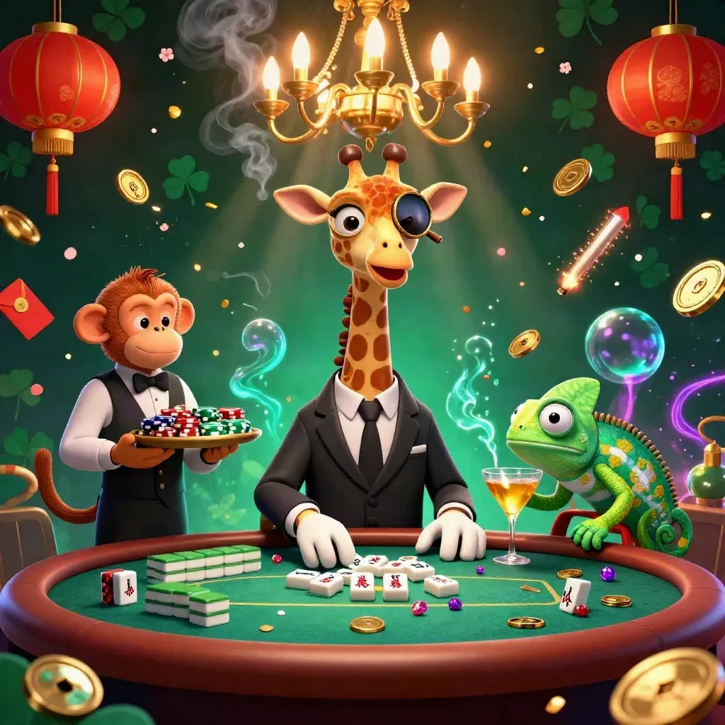 Giraffe high roller, monkey valet, and chameleon bartender in a luxe neon casino scene.
