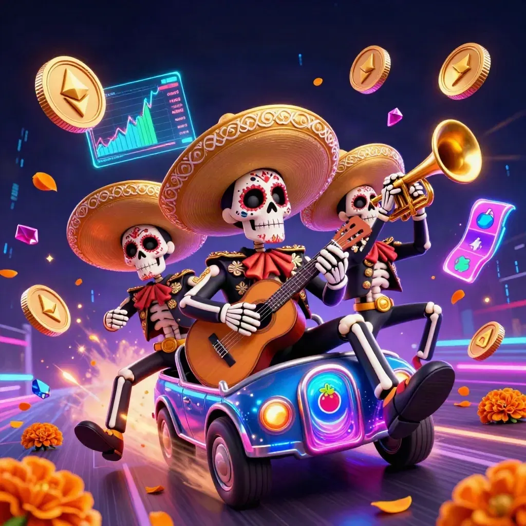 Day-of-the-Dead mariachi skeleton trio exploding with crypto coins and neon casino energy