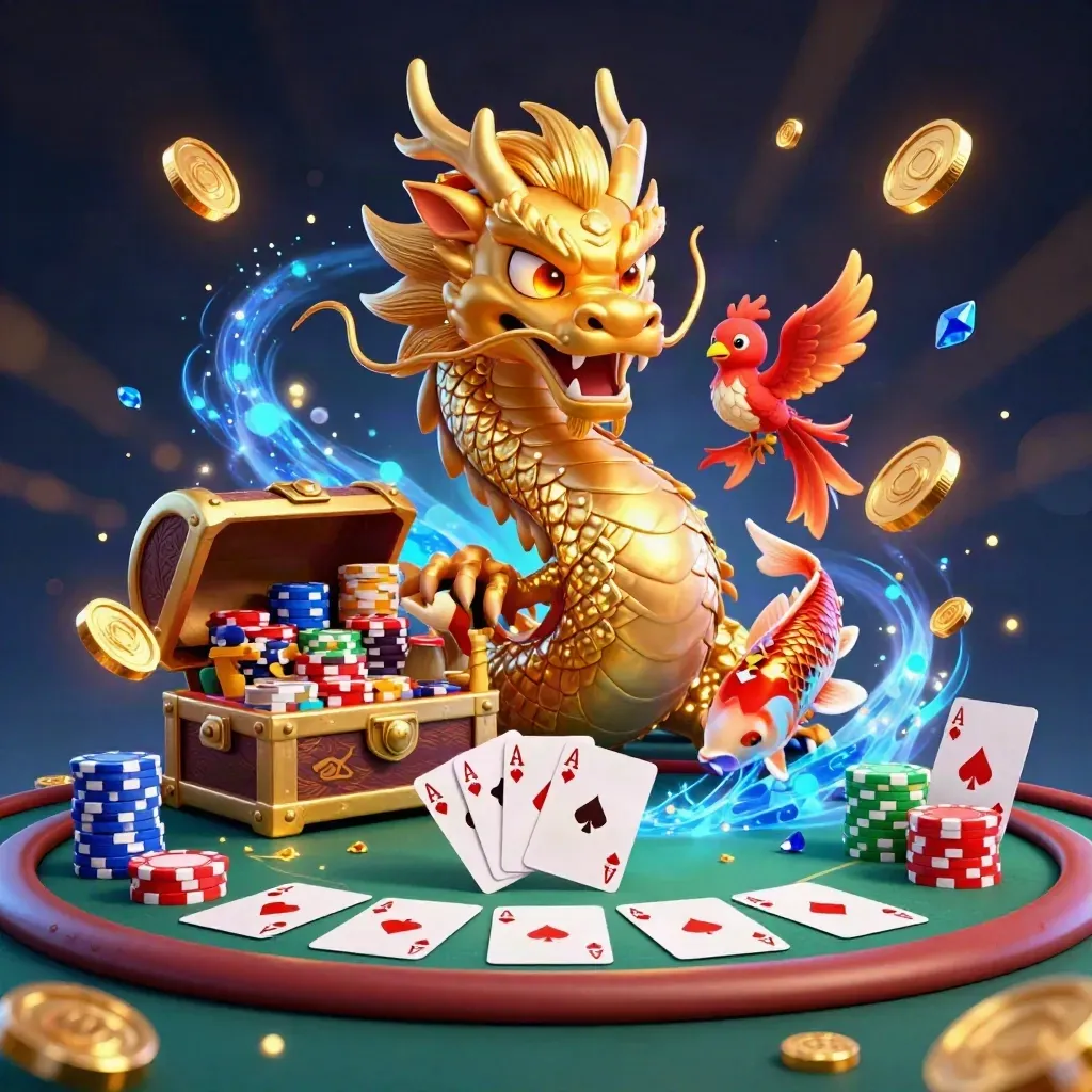 Golden dragon with phoenix and koi amid blue casino lights, treasure, chips, cards and gems.
