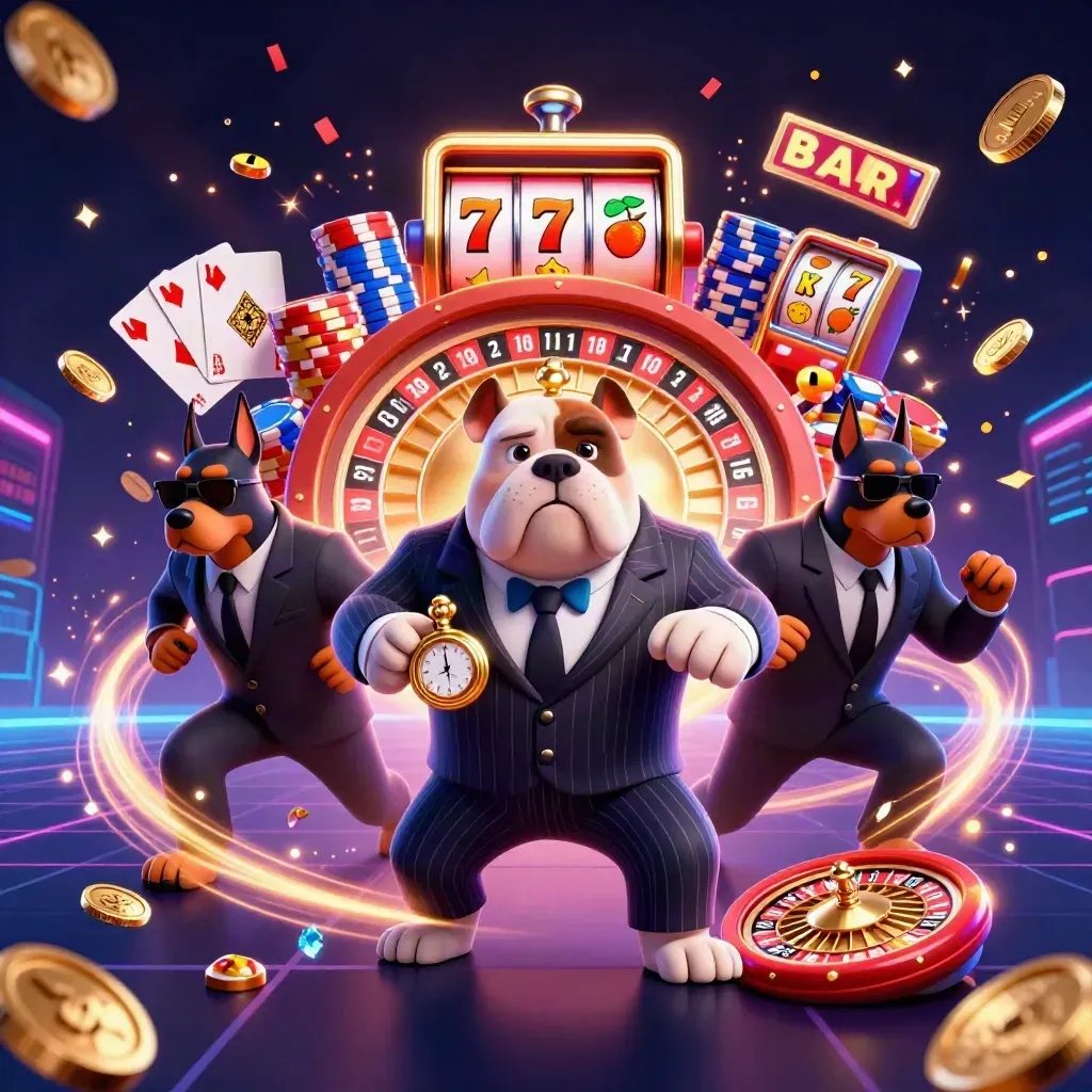 Cartoon bulldog boss and Doberman guards amid casino coins, chips, reels and neon blue energy.